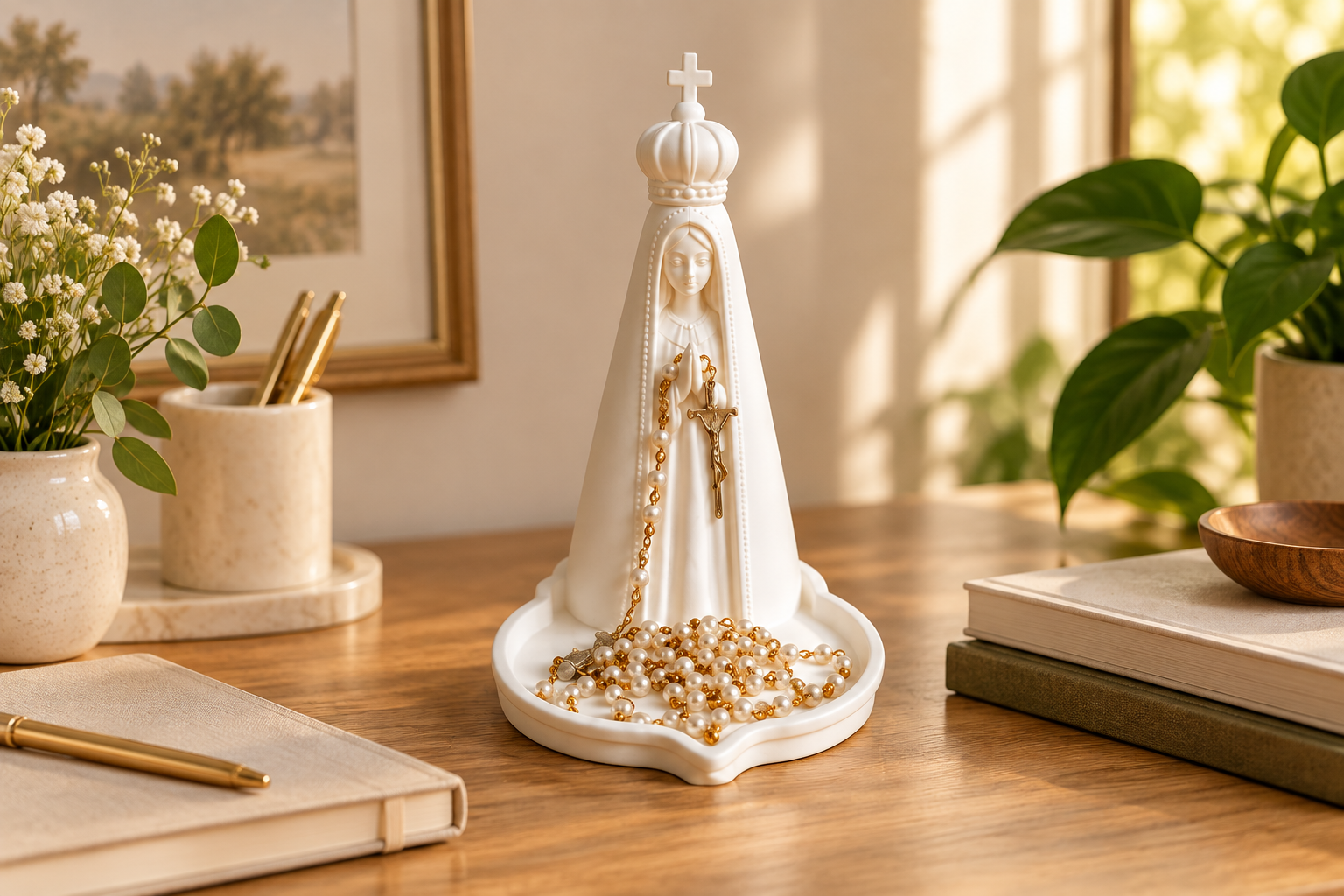 Porta-terço Nossa Senhora sobre uma mesa de escritório com caderno e planta