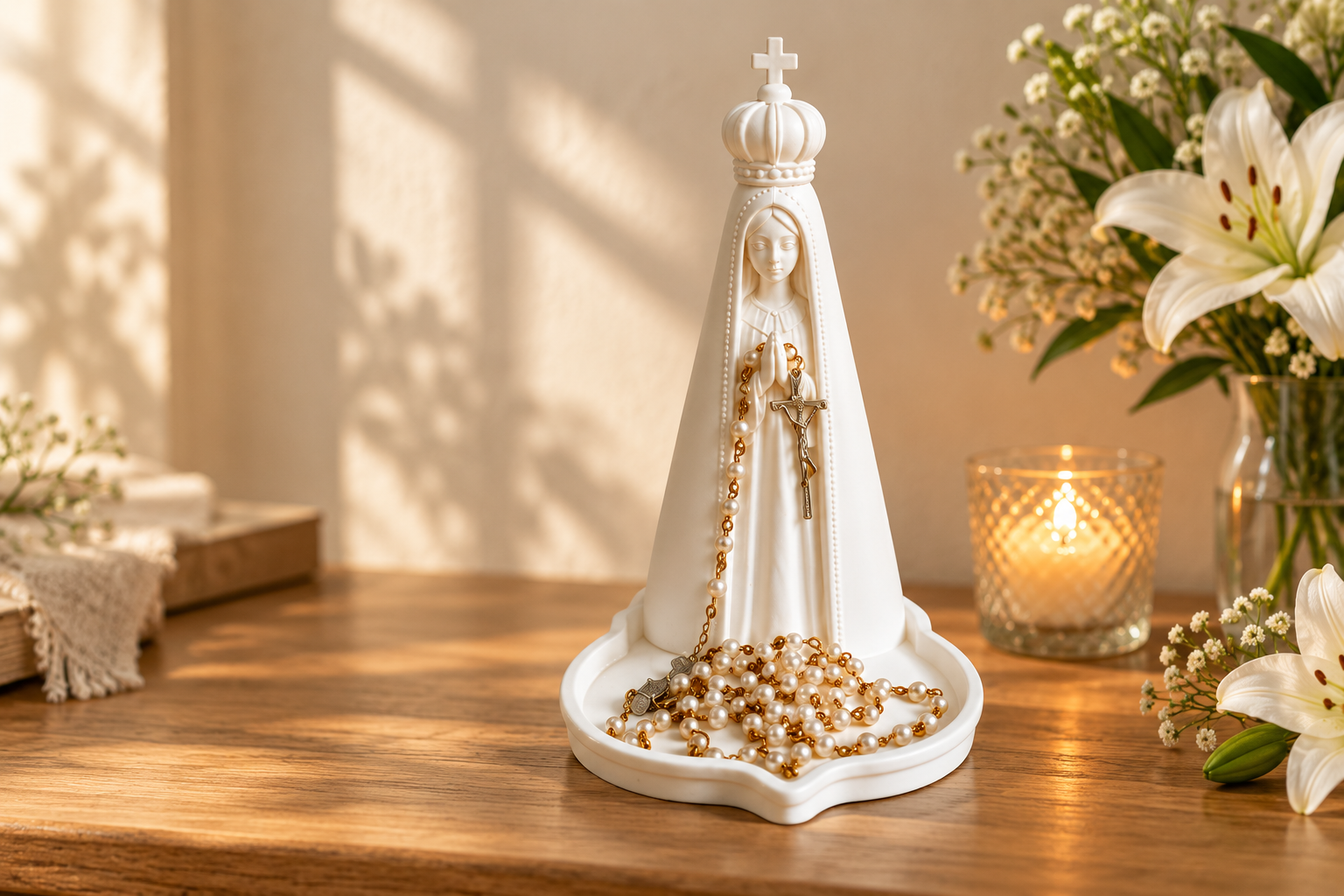 Porta-terço Nossa Senhora em um cantinho de oração com flores e vela