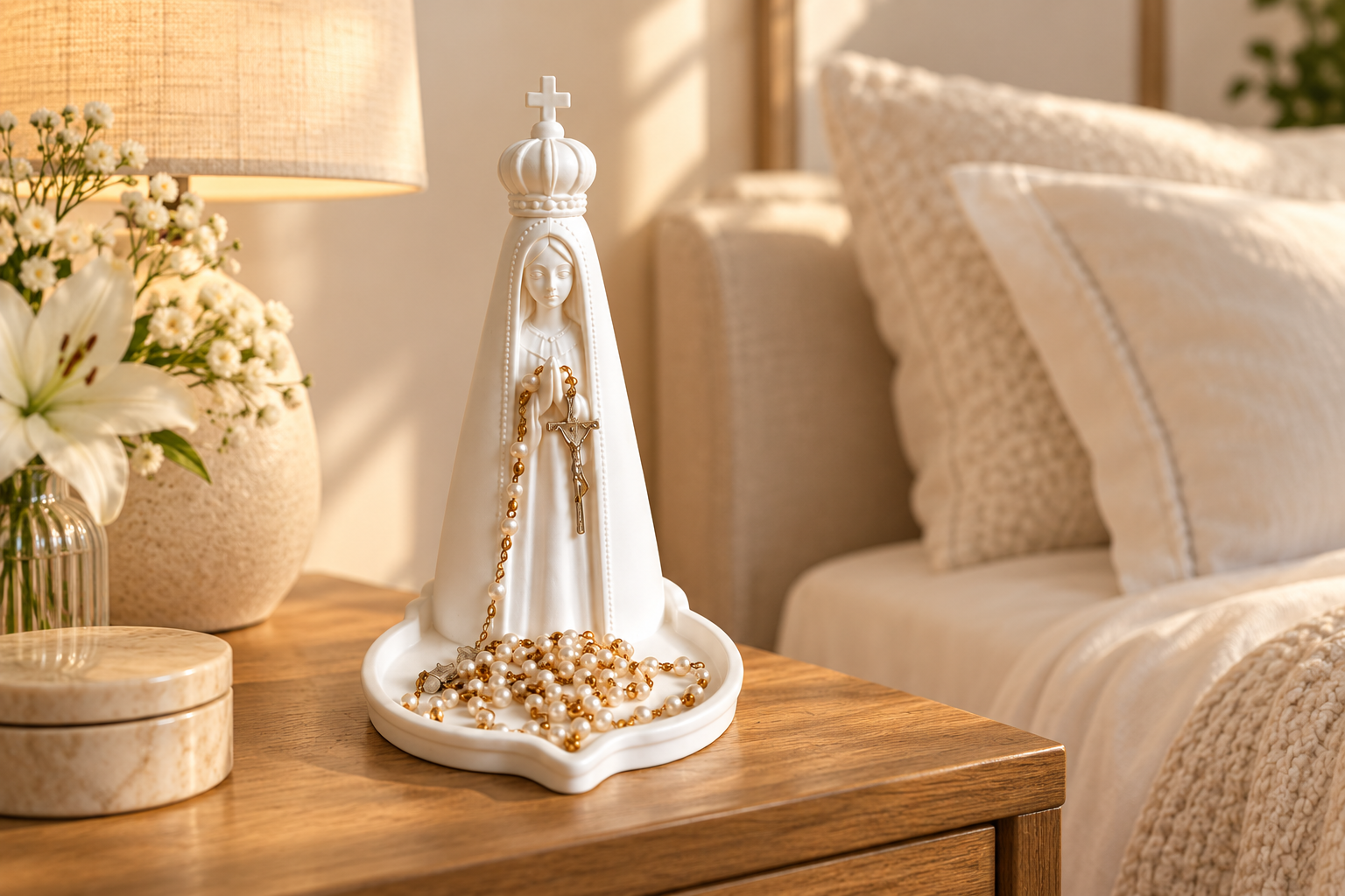 Porta-terço Nossa Senhora na mesa de cabeceira de um quarto